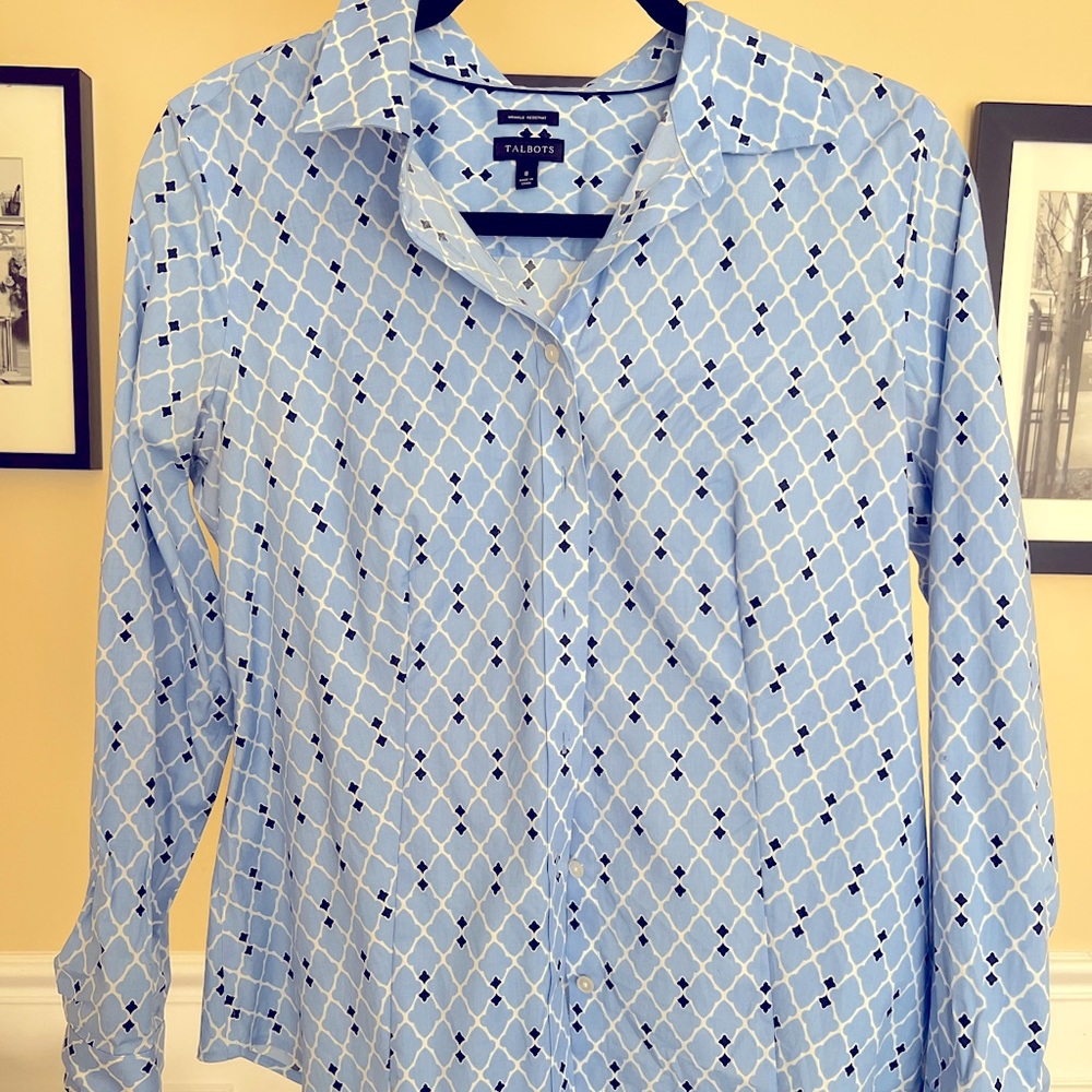 Talbots Light Blue Geometric Print Shirt
